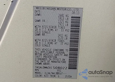 2014 Infiniti Qx60 from USA, damaged, VIN 5N1AL0MN2EC508022